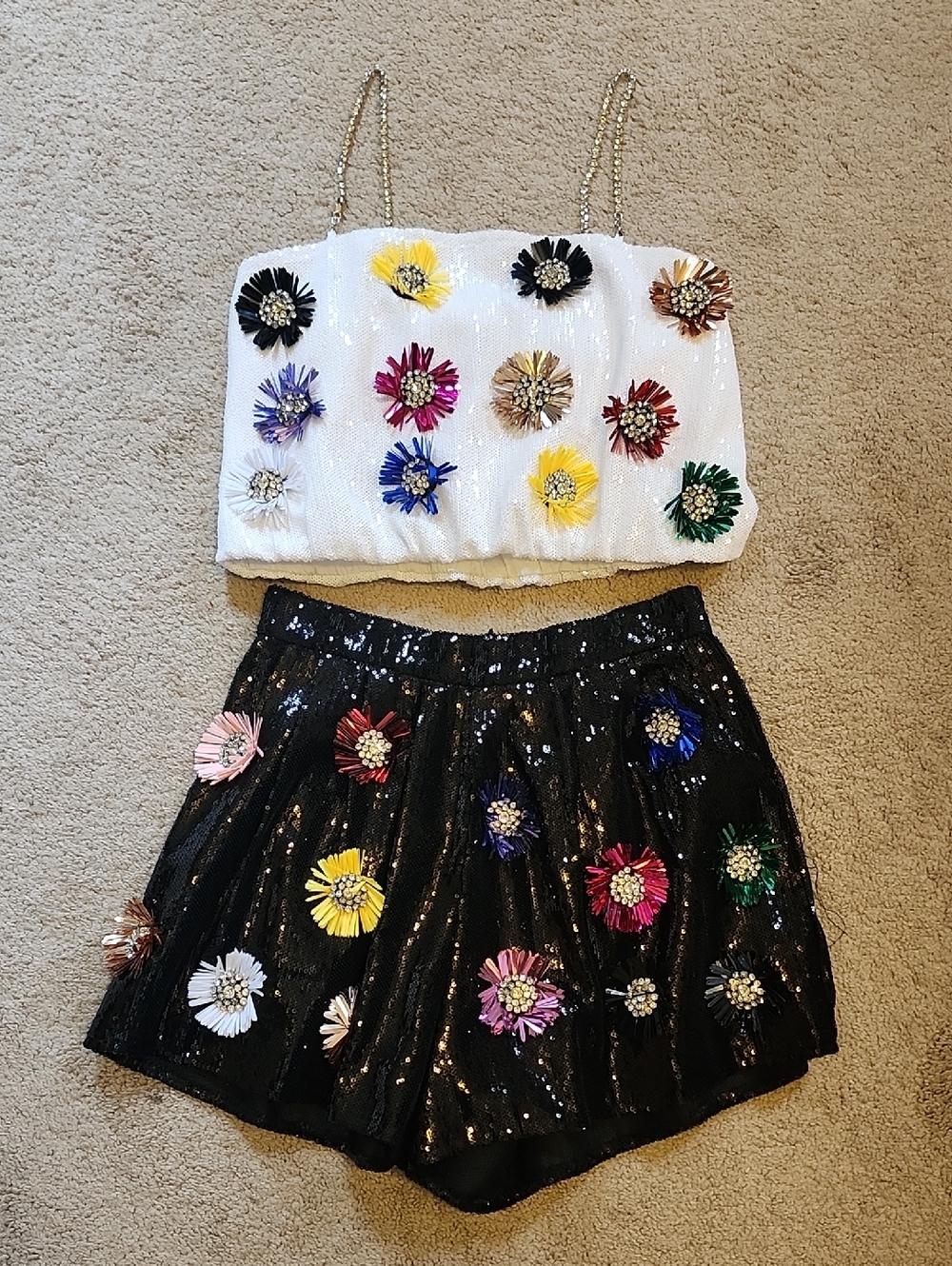 Queen Of Sparkles Sequin Floral Two-Piece Top & Short Set - White & Black